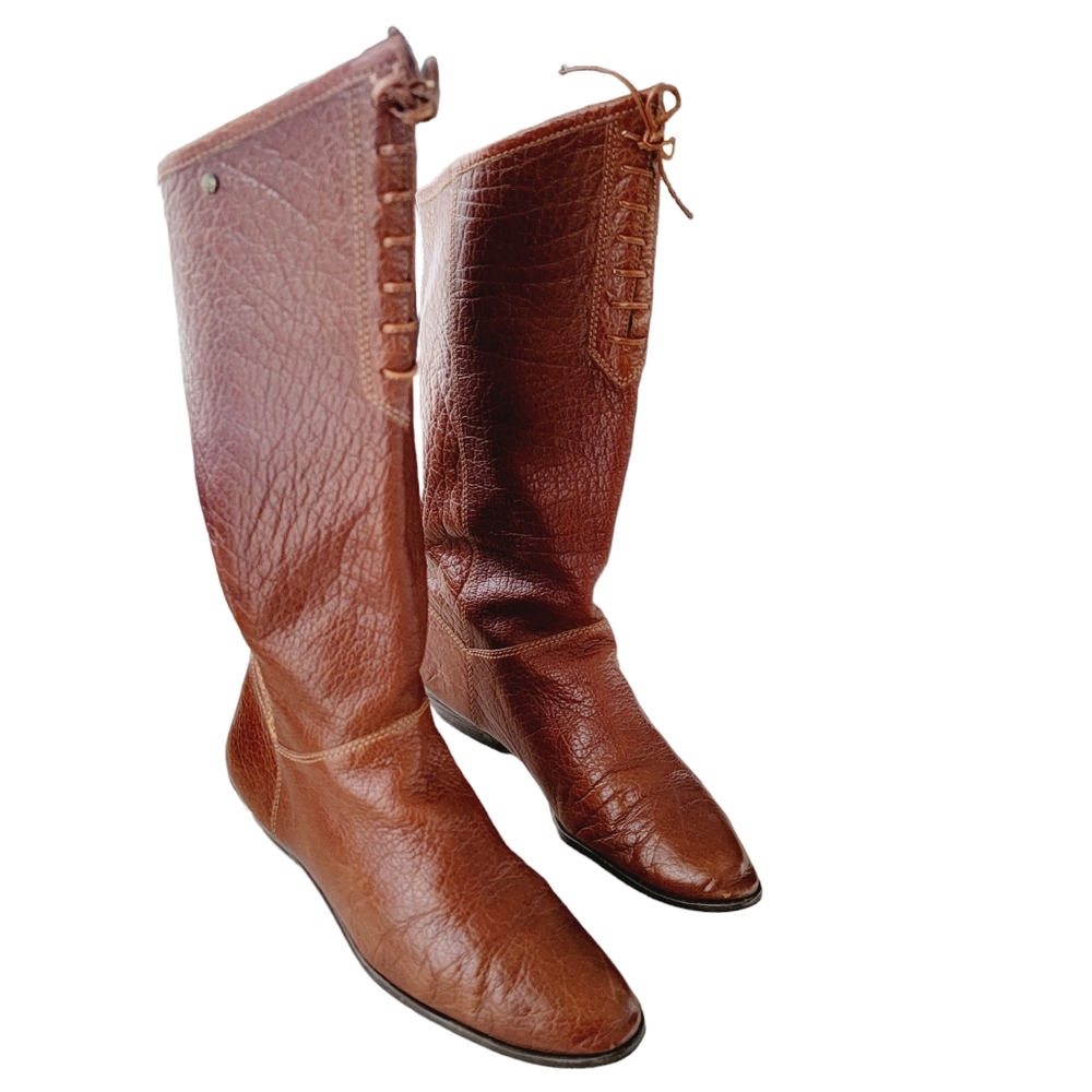 Vintage Aigner Caramel leather‎ lace front slouch boots size 7.5